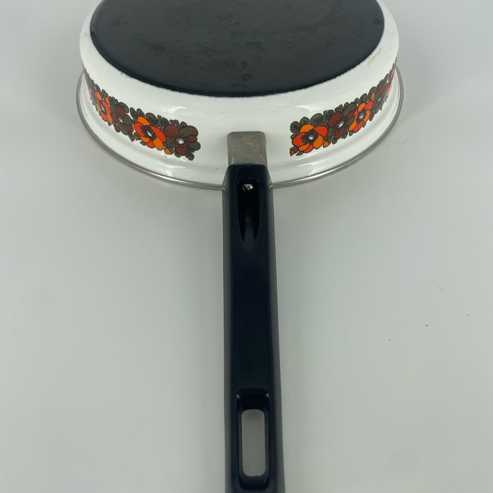 Vintage Enamel Cook Wear Pan Floral Red Lid Mid Century Modern MCM Skillet - Picture 7 of 7